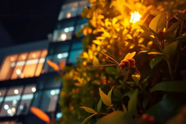 Posicionamento Estratégico de Luzes em Ângulo para Destacar Antenas de Insetos Polinizadores Noturnos em Fachadas de Prédios com Jardim Vertical